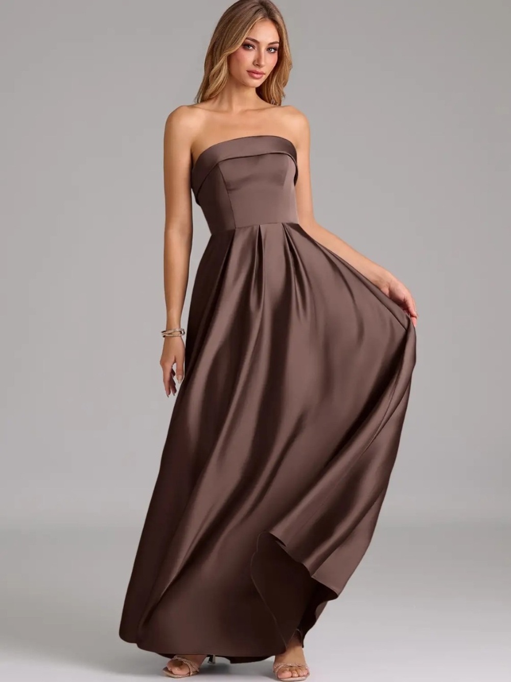 Azazie Strapless Satin Evening Gown in Ganache